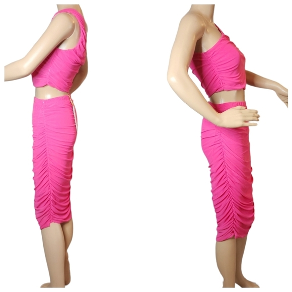 NWT House Of Harlow 2 Piece Skirt Crop Top Mesh Stretch Ruched Size XS Hot Pink - Picture 3 of 16
